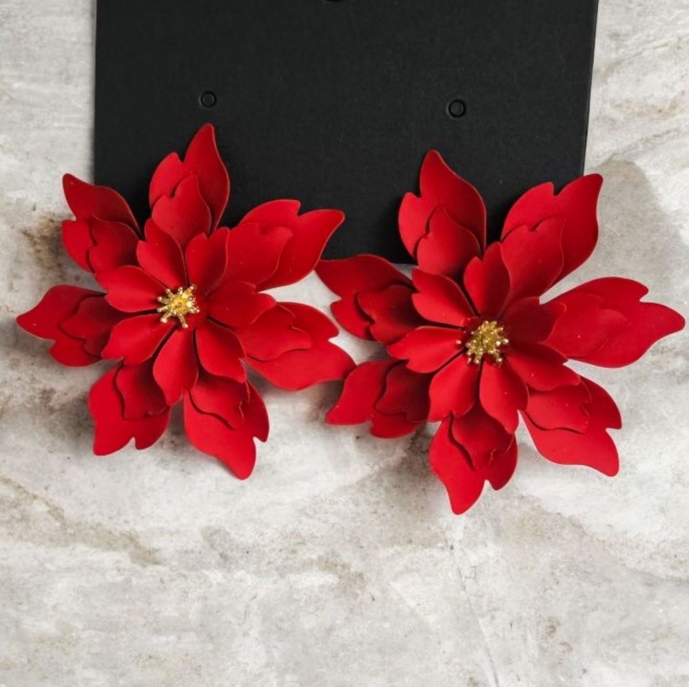 Red Floral Earrings Metal Flower Earrings - Picture 11 of 11